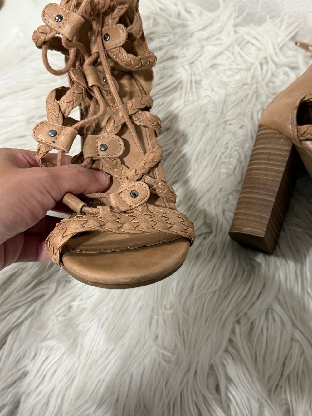 Braided Lace-Up High Heel Sandal in Tan Size 6 - Picture 8 of 16